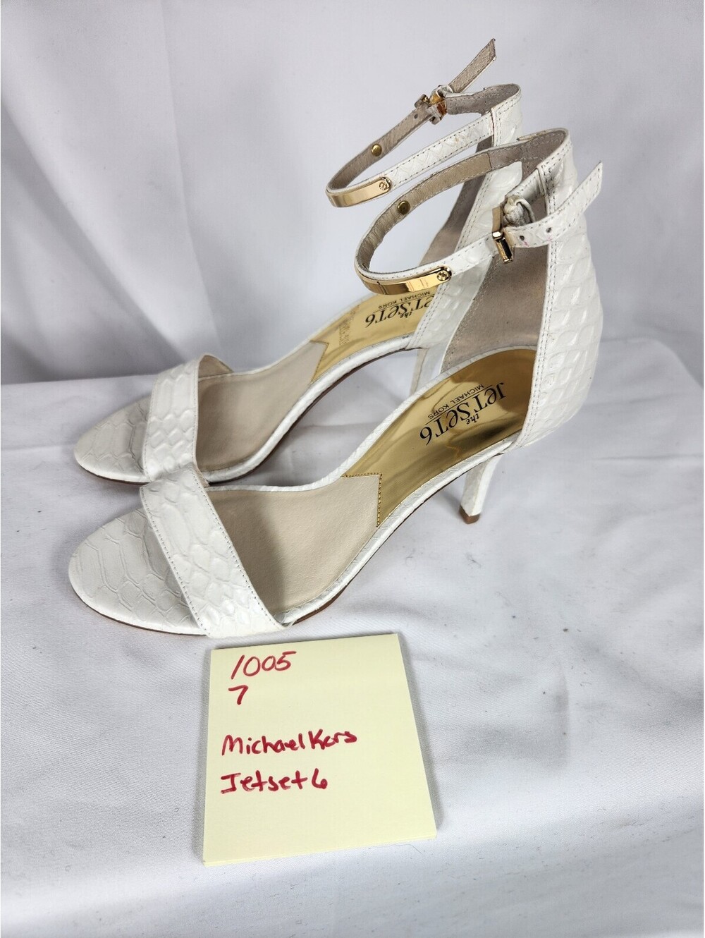 Michael Kors Jet Set Six White Snake Embossed Ankle Strap Heels NWOT 7